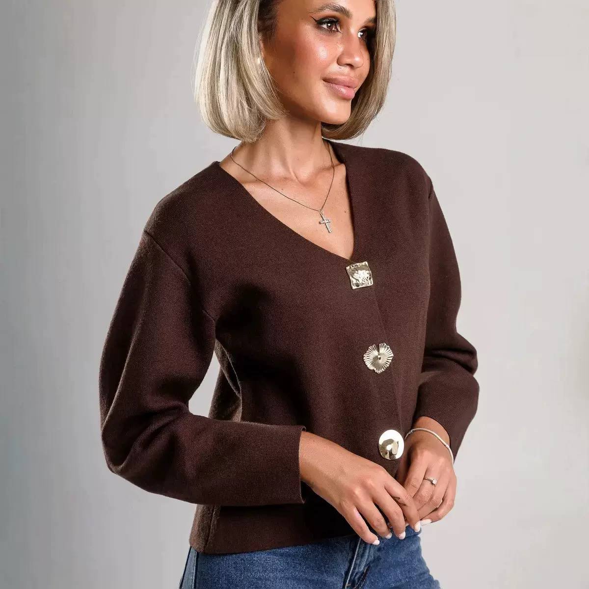 Women's Gold Button Cropped Cardigan