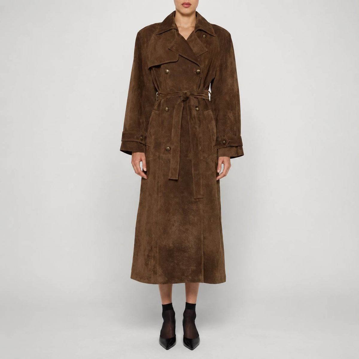 Suede Trench Coat Double-Breasted, Belted Waist, Longline Fit & Wide Lapel Collar