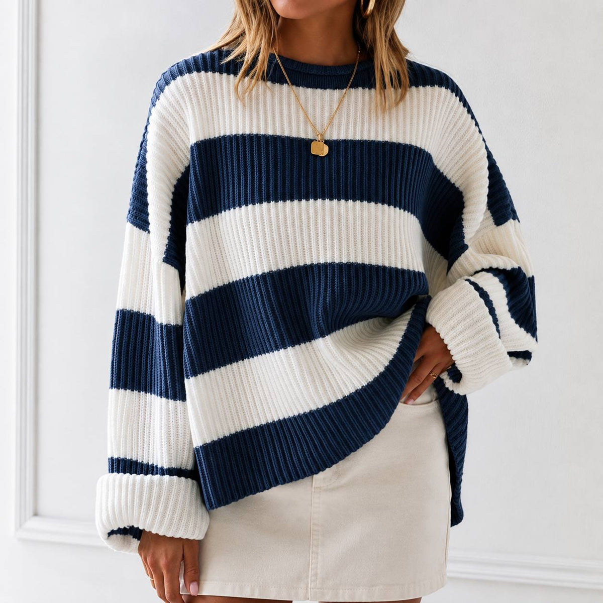 Striped Knit Sweater – Crew Neck Relaxed Fit Jumper with Colour Block Pattern