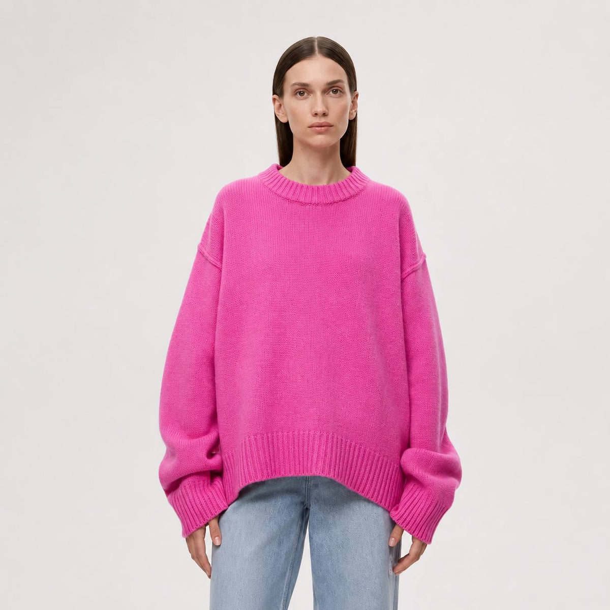 Oversized Knit Sweater – Crew Neck Relaxed Fit Jumper with Ribbed Cuffs and Hem