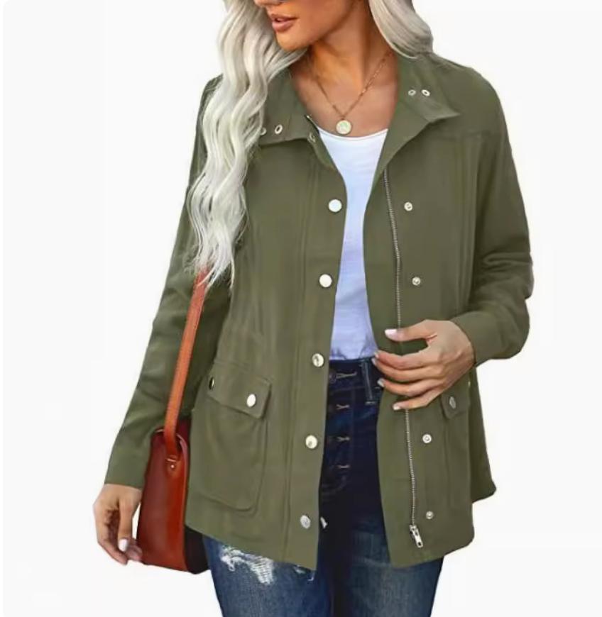 Women's Longline Zip and Snap Front Utility Jacket - Army Green