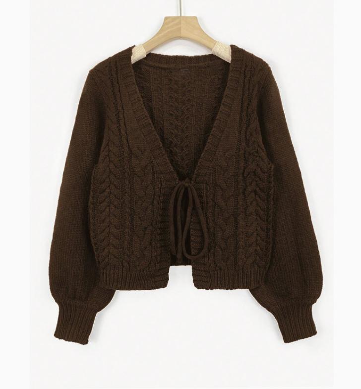 Women's Cable-Knit Tie-Front Balloon-Sleeve Cardigan - Dark Brown