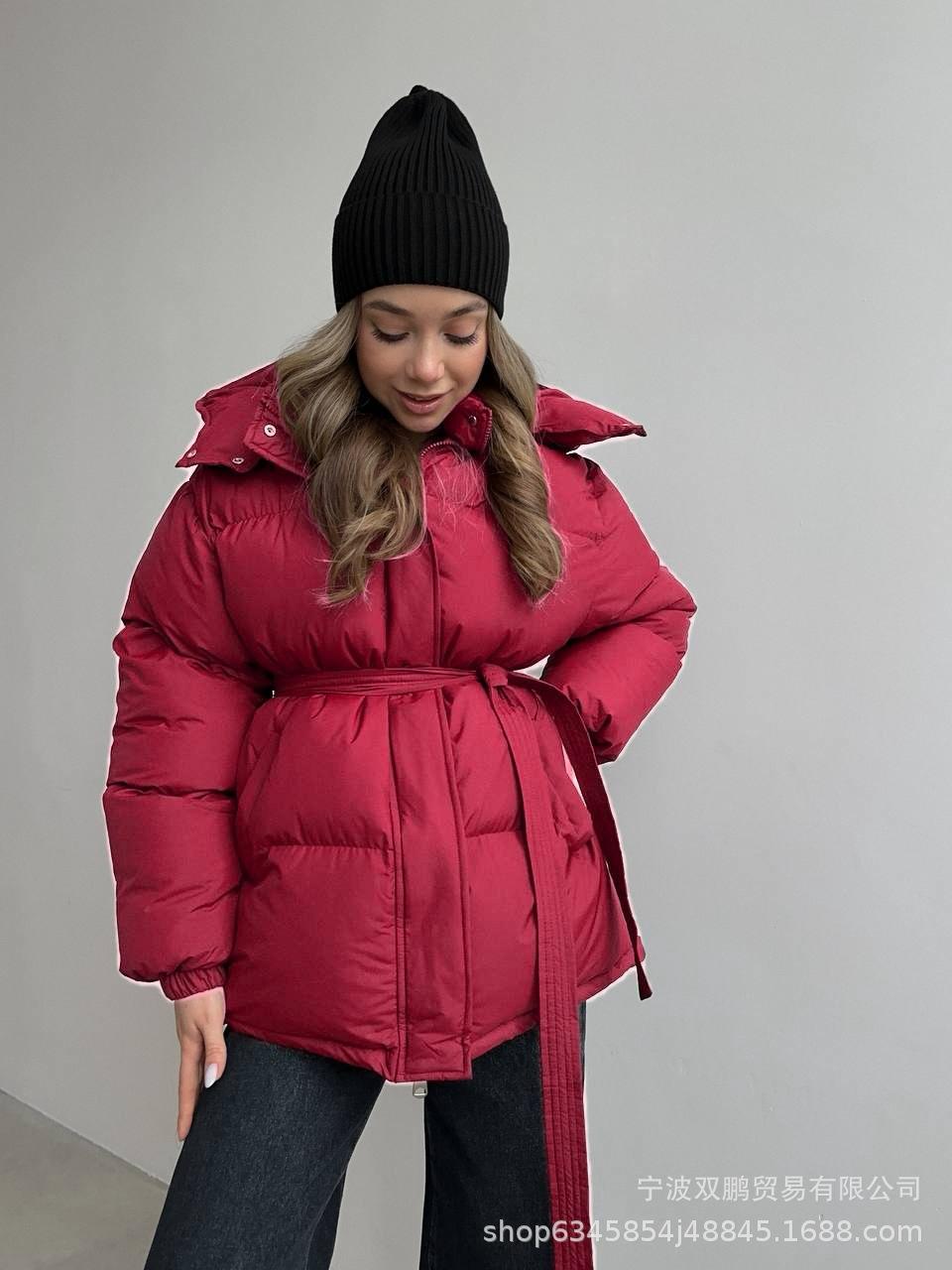 Women's Hooded Belted Mid-Length Puffer Coat - White