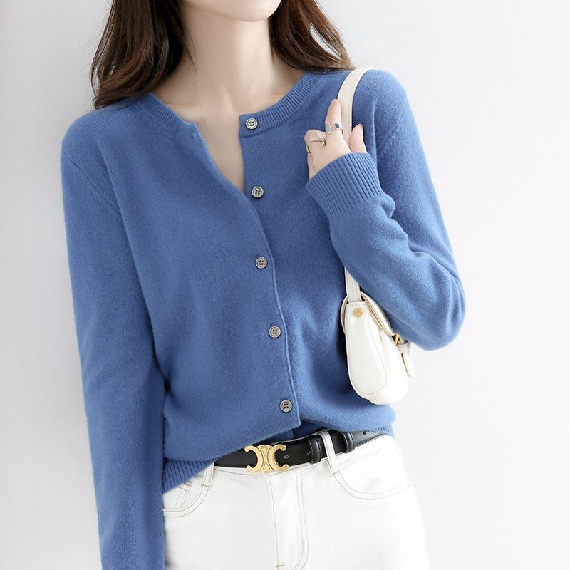 Women's Classic Crew-Neck Button-Front Knit Cardigan - Blue