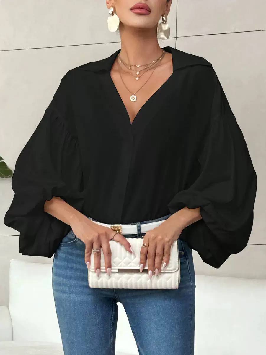 Women's Oversized V Neck Blouse Balloon Sleeve