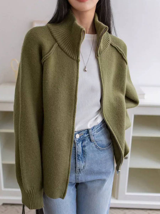 Women's Zip-Up High Neck Knit Cardigan