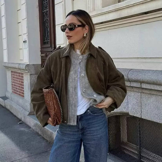 Women's Oversized Faux Suede Bomber Jacket