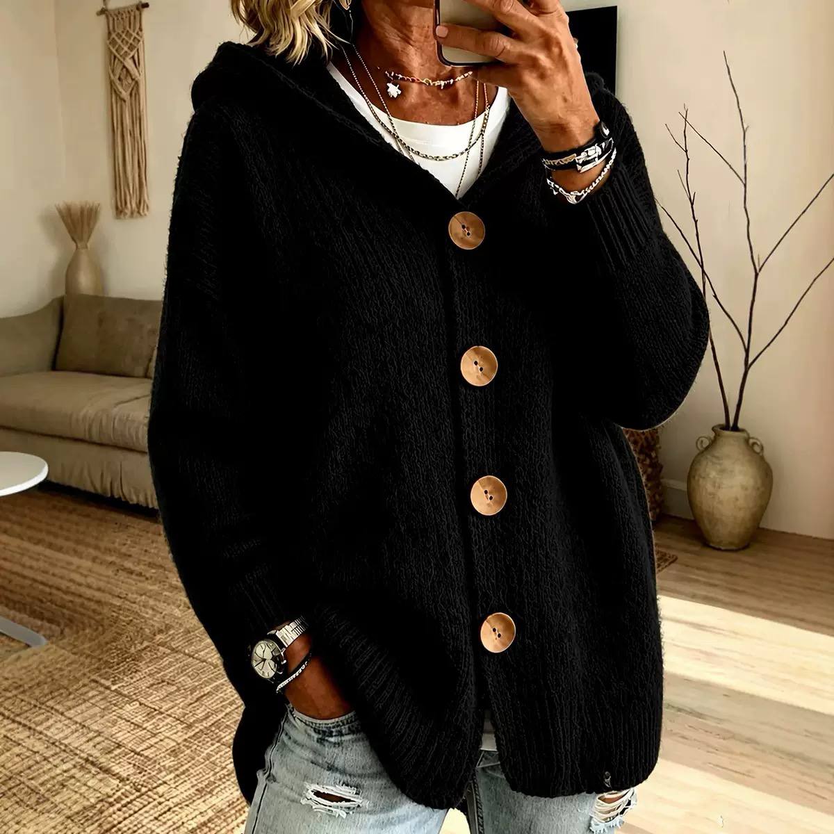 Oversized Hooded Knit Cardigan Chunky Button Front, Long Sleeve & Relaxed Fit