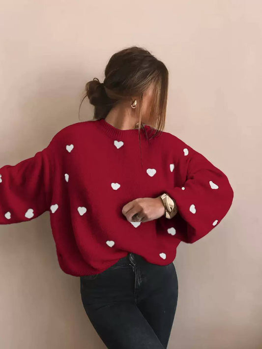 Heart Knit Sweater – Long Sleeve Crew Neck Jumper with Relaxed Fit