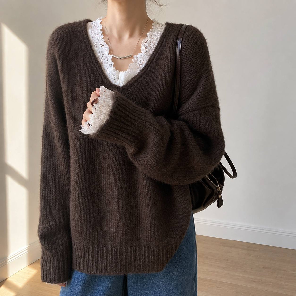 V-Neck Knit Sweater with Lace Trim – Cotton Oversized Sweater