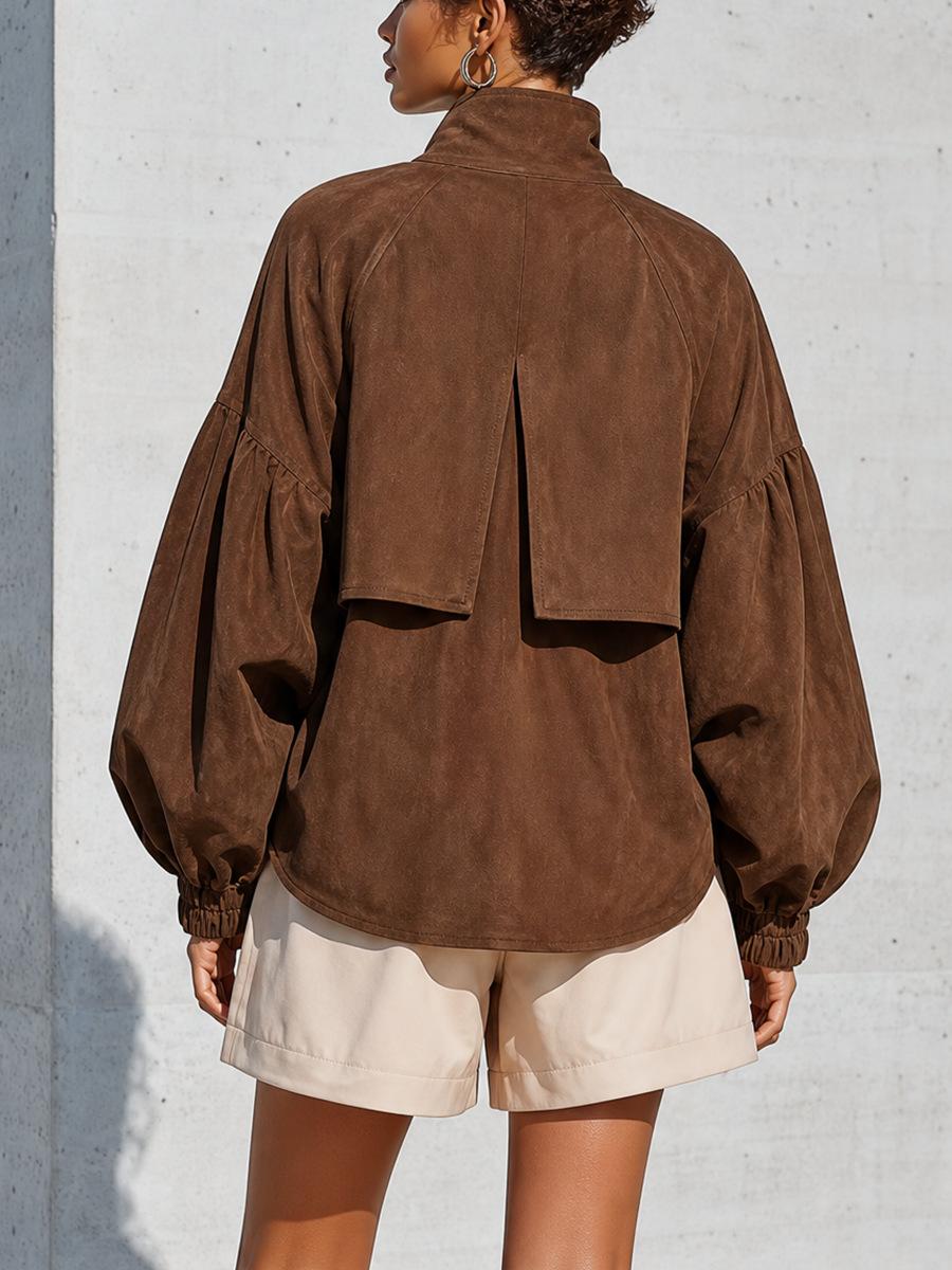 Women's oversized high-neck balloon sleeve button jacket front view