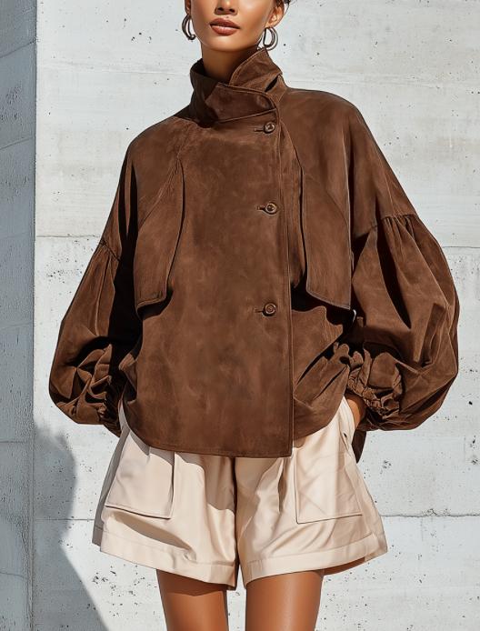 Women's oversized high-neck balloon sleeve button jacket back view