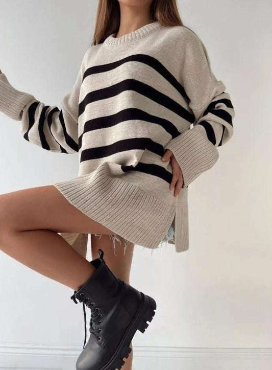 Women's Oversized Striped Crew-Neck Side-Slit Knit Sweater product image