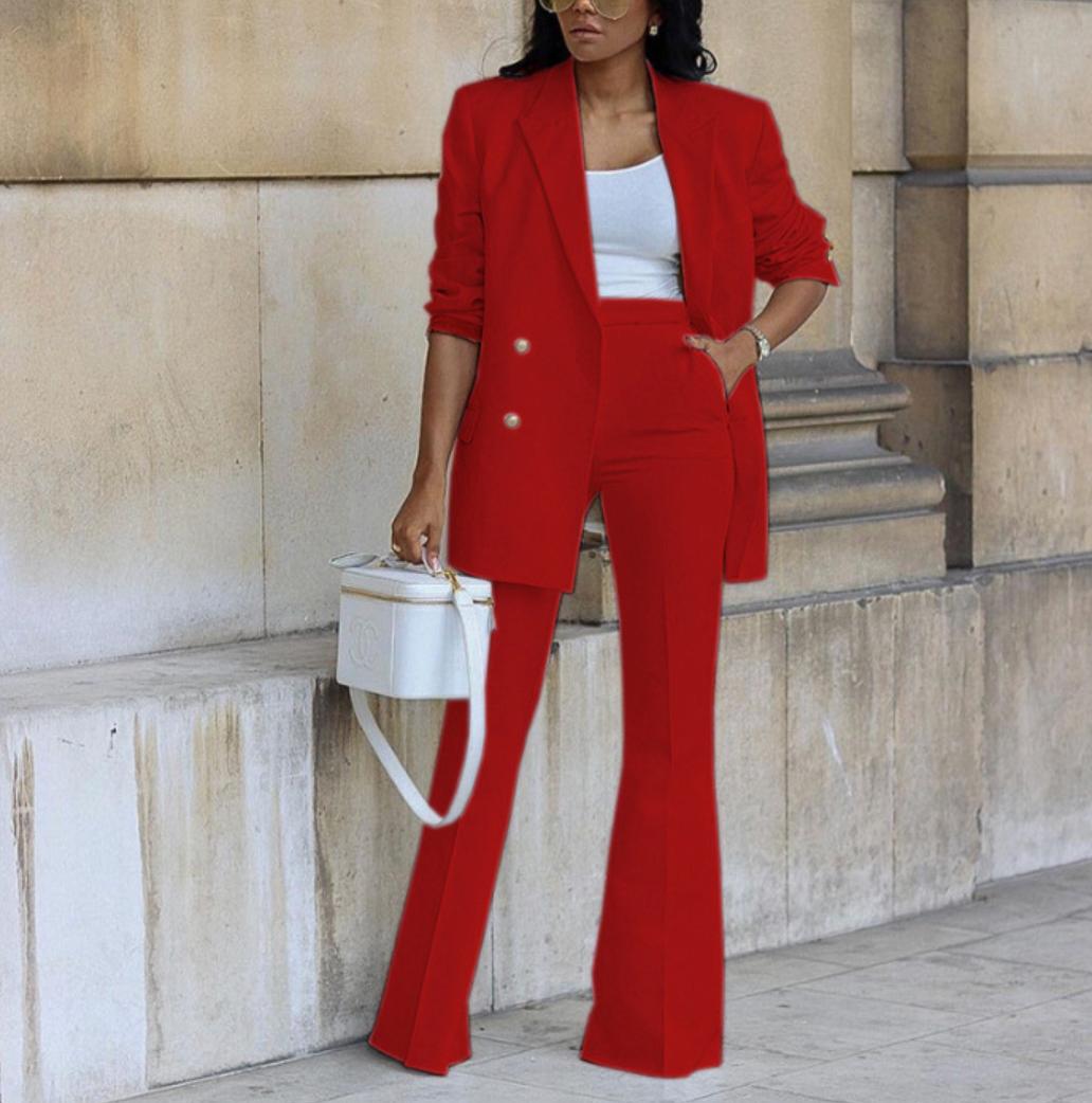 Women's Double-Breasted Blazer and Flared Trouser Set - Red