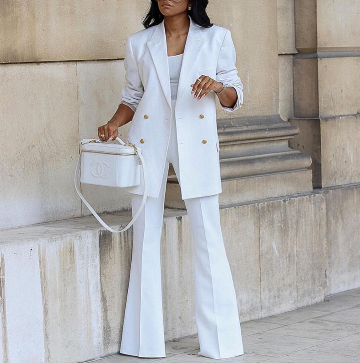 Women's Double-Breasted Blazer and Flared Trouser Set - White