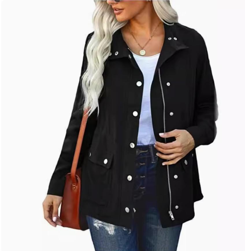Women's Longline Zip and Snap Front Utility Jacket - Black