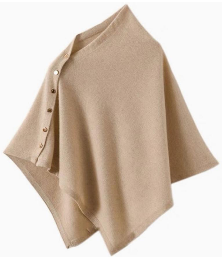 Women's Asymmetric Button-Neck Knit Poncho Sweater - Beige