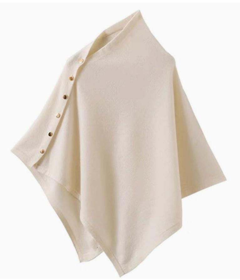 Women's Asymmetric Button-Neck Knit Poncho Sweater - White