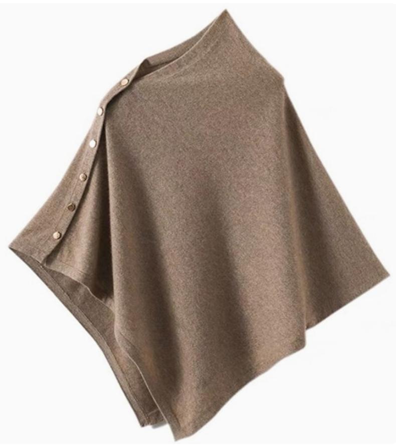 Women's Asymmetric Button-Neck Knit Poncho Sweater - Brown
