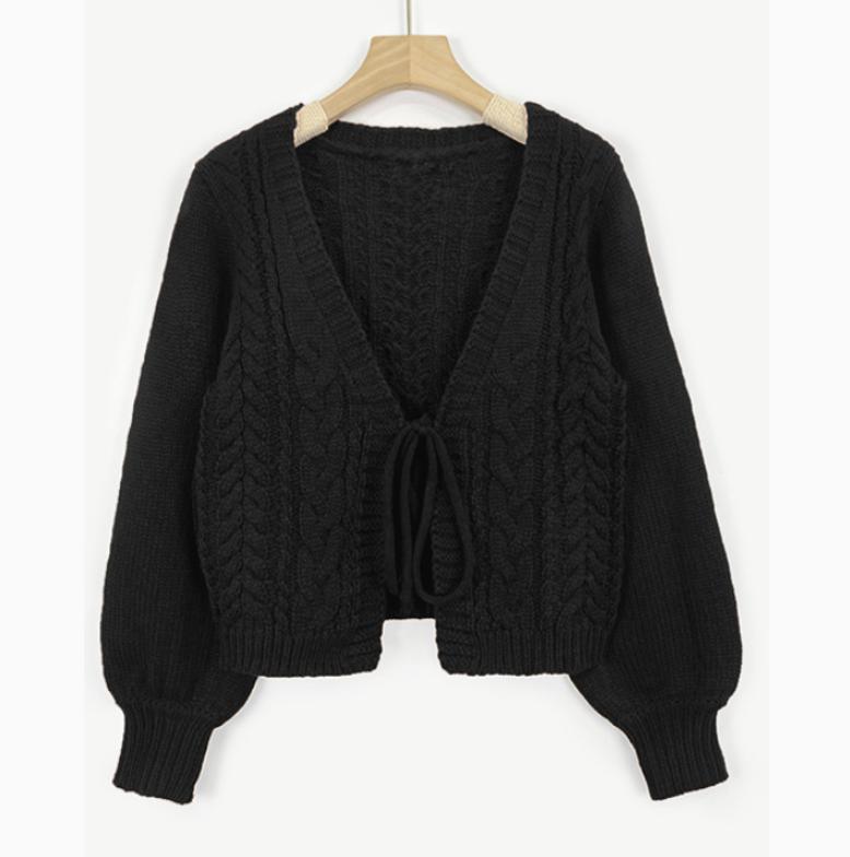 Women's Cable-Knit Tie-Front Balloon-Sleeve Cardigan - Black