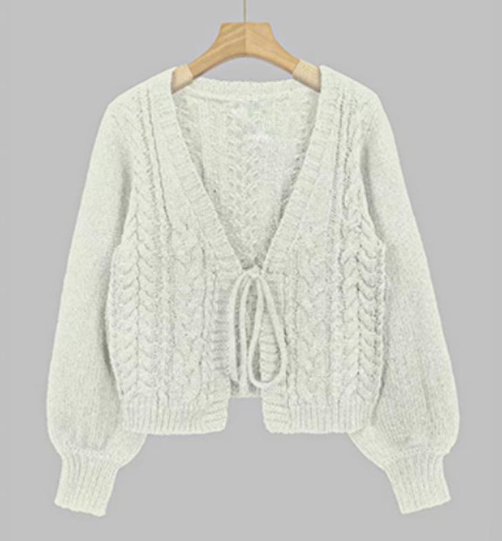 Women's Cable-Knit Tie-Front Balloon-Sleeve Cardigan - White