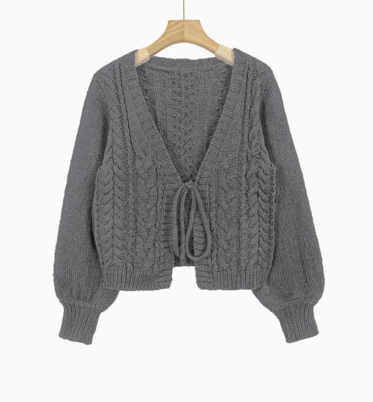 Women's Cable-Knit Tie-Front Balloon-Sleeve Cardigan - Gray