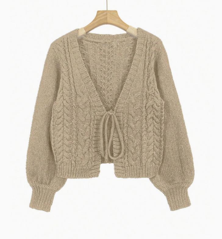 Women's Cable-Knit Tie-Front Balloon-Sleeve Cardigan - Beige