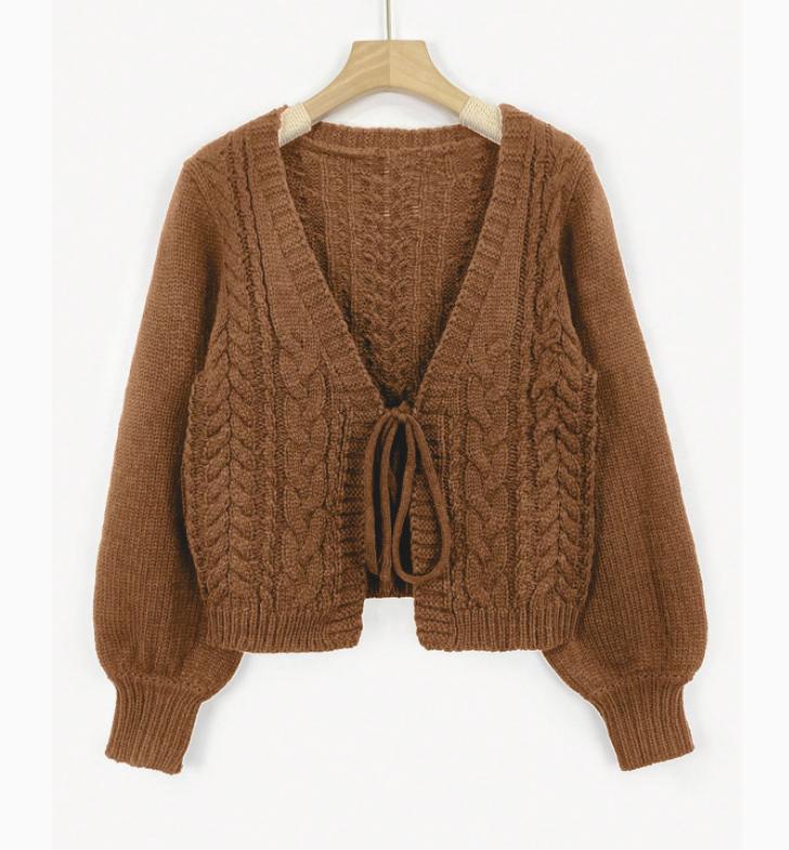 Women's Cable-Knit Tie-Front Balloon-Sleeve Cardigan - Brown