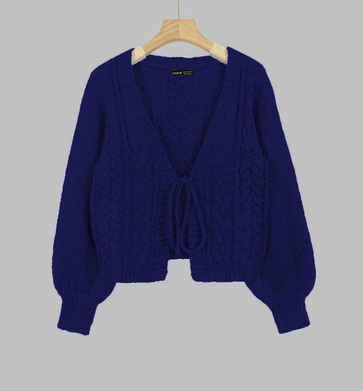 Women's Cable-Knit Tie-Front Balloon-Sleeve Cardigan - Royal Blue