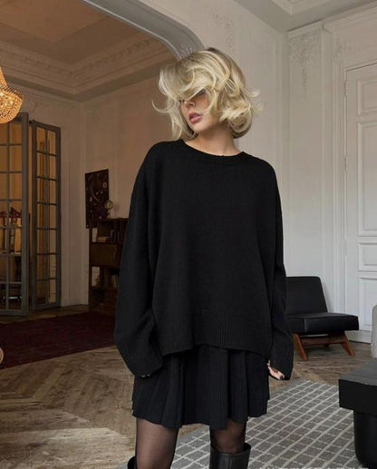 Women's Relaxed Knit Sweater and Pleated Mini Skirt Set - Black