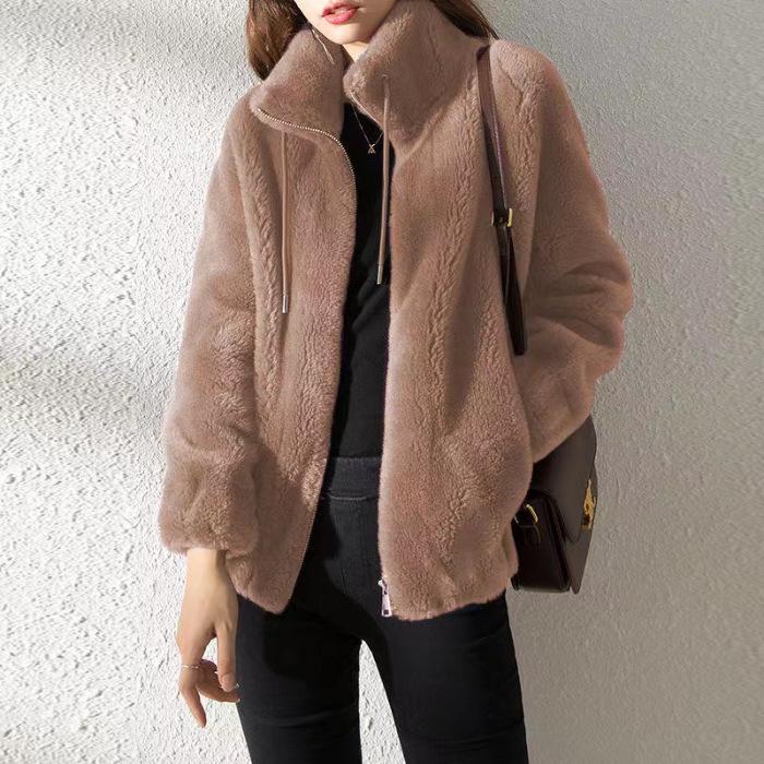 Women's Plush High-Neck Zip-Front Jacket - Gray