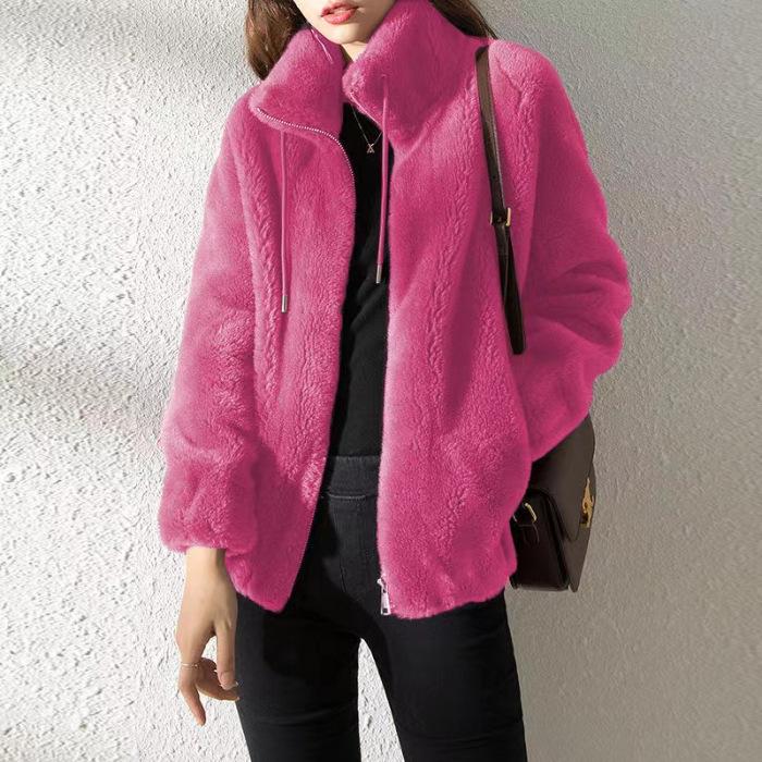Women's Plush High-Neck Zip-Front Jacket - Purple