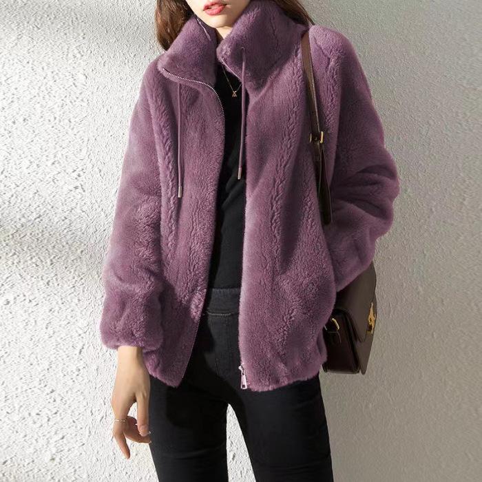 Women's Plush High-Neck Zip-Front Jacket - Brown