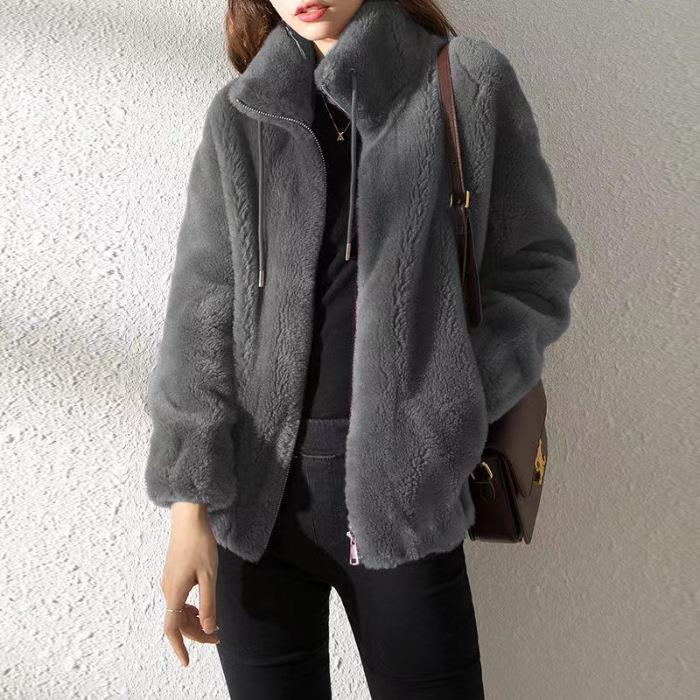 Women's Plush High-Neck Zip-Front Jacket - Beige