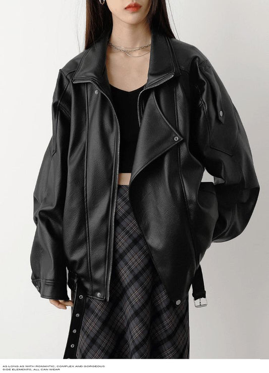 Women's Oversized Asymmetric Zip Belted Biker Jacket product image