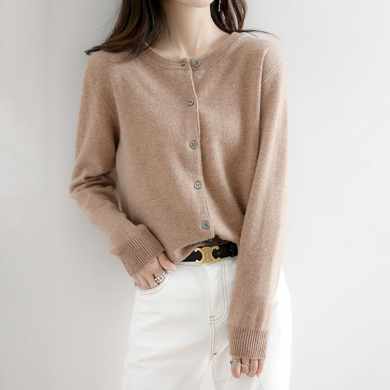 Women's Classic Crew-Neck Button-Front Knit Cardigan - Taupe