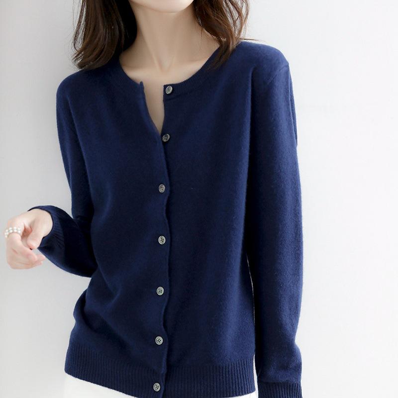 Women's Classic Crew-Neck Button-Front Knit Cardigan - Navy Blue