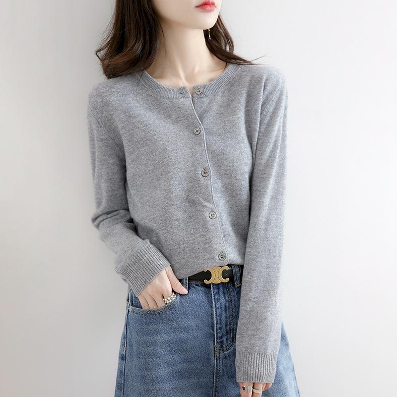 Women's Classic Crew-Neck Button-Front Knit Cardigan - Light Gray