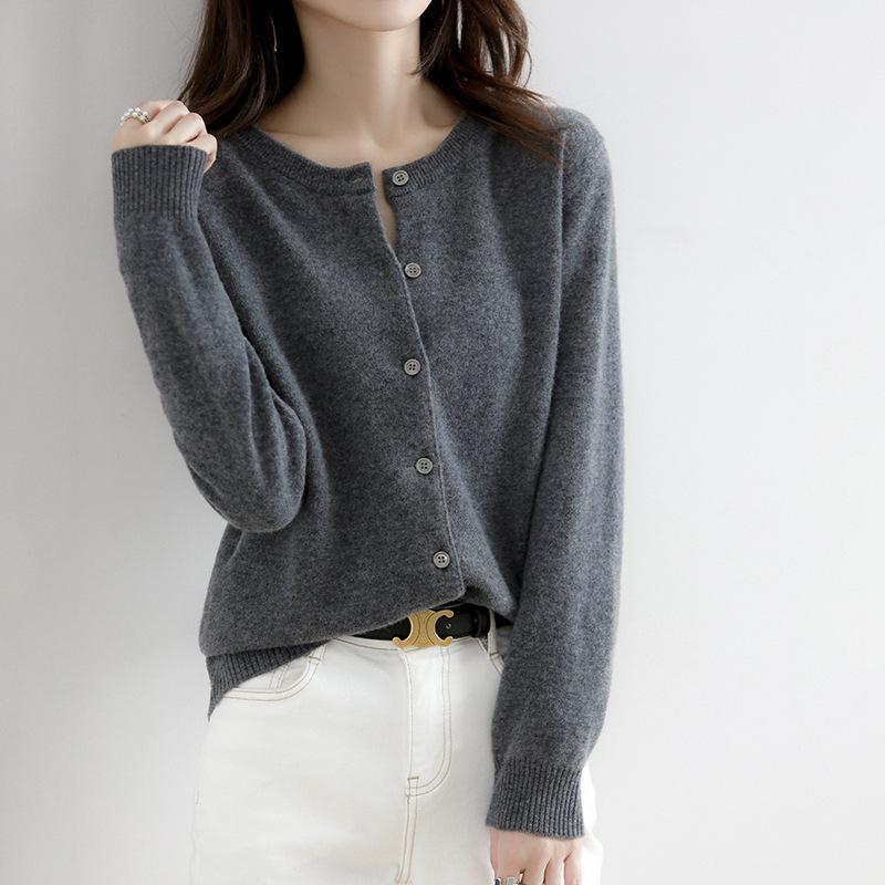 Women's Classic Crew-Neck Button-Front Knit Cardigan - Dark Gray