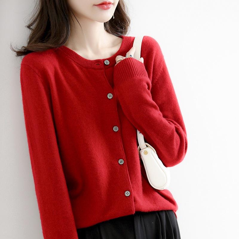 Women's Classic Crew-Neck Button-Front Knit Cardigan - Burgundy