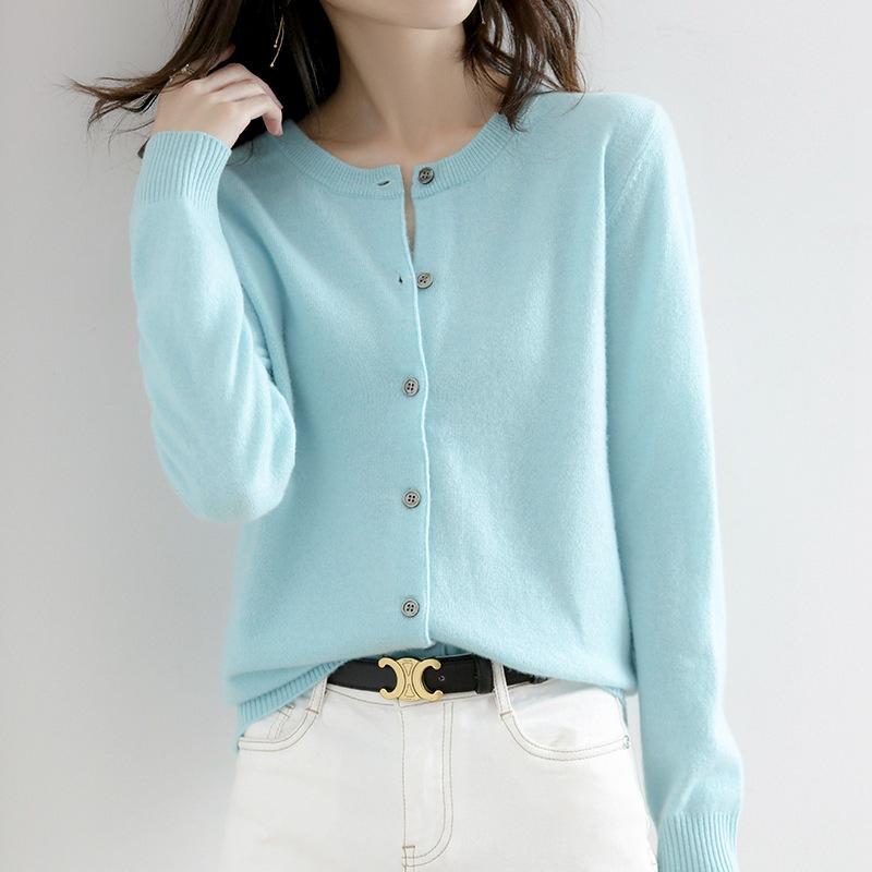 Women's Classic Crew-Neck Button-Front Knit Cardigan - Light Blue