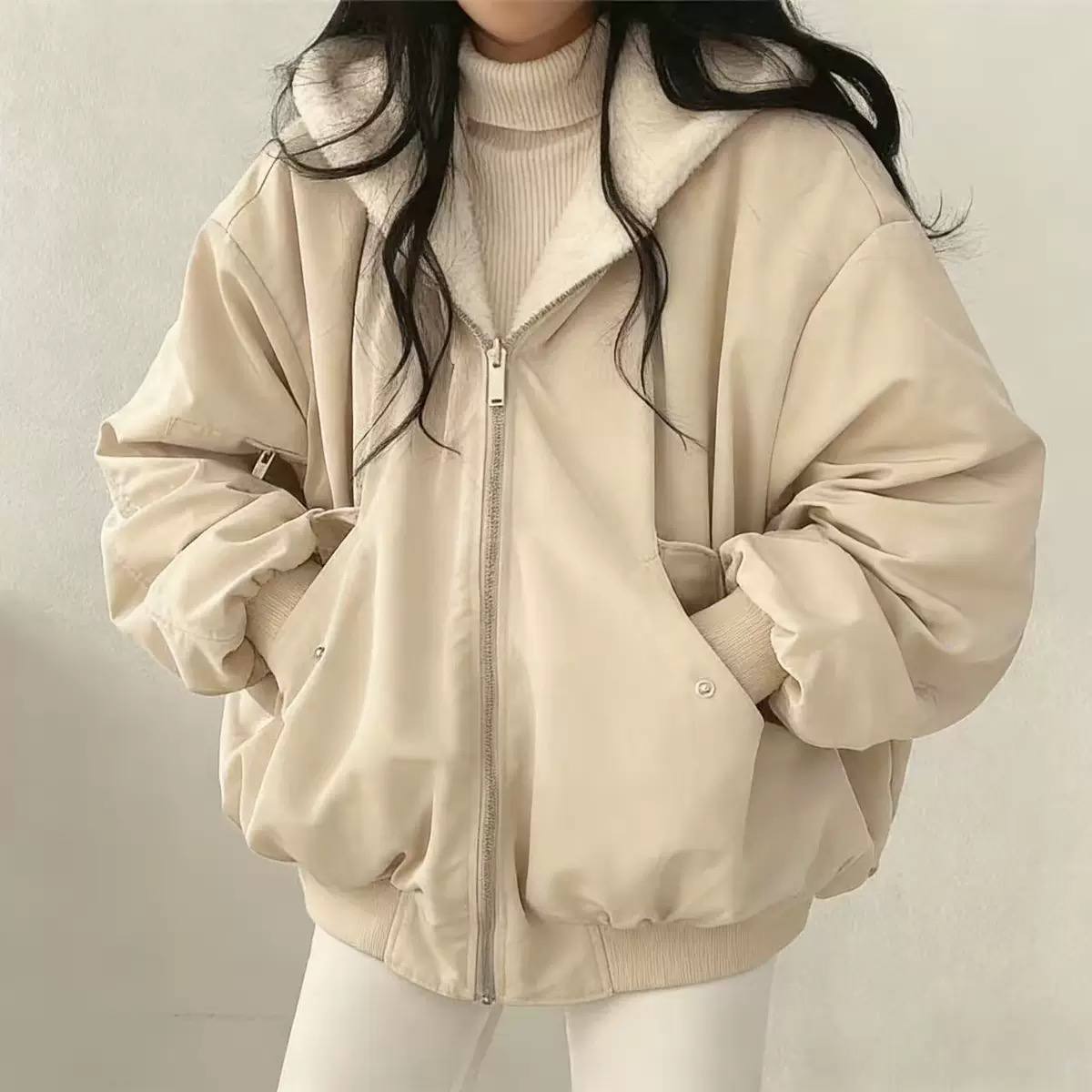 Women's Oversized Plush-Lined Zip-Front Bomber Jacket product image