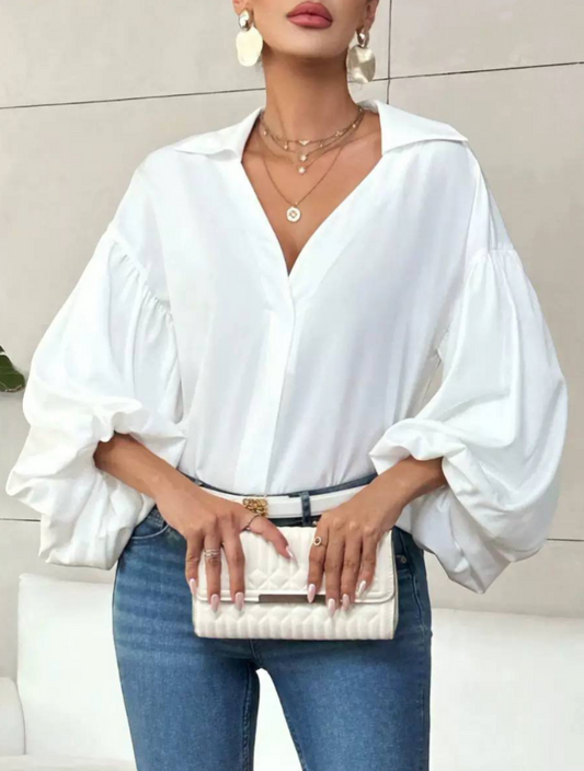 Women's Oversized V Neck Blouse Balloon Sleeve